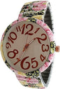 Ladies Floral Large Face Easy to Read Watch with Elastic Stretch Band, Floral Dial