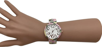 Ladies Floral Large Face Easy to Read Watch with Elastic Stretch Band, Floral Dial