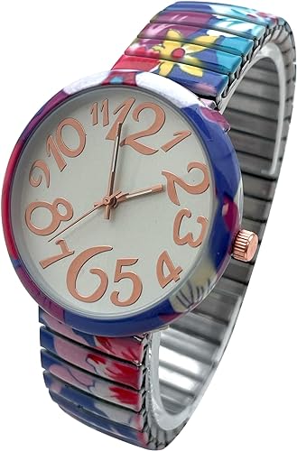 Ladies Floral Large Face Easy to Read Watch with Elastic Stretch Band, Floral Dial