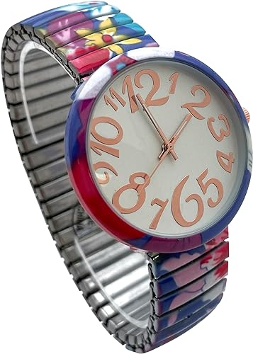 Ladies Floral Large Face Easy to Read Watch with Elastic Stretch Band, Floral Dial