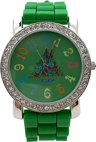 Excellent Watches Christmas Tree, Santa Claus, Snowman and Snowflake Big Face Watch with Glitter and Rhinestones, Holiday Gift