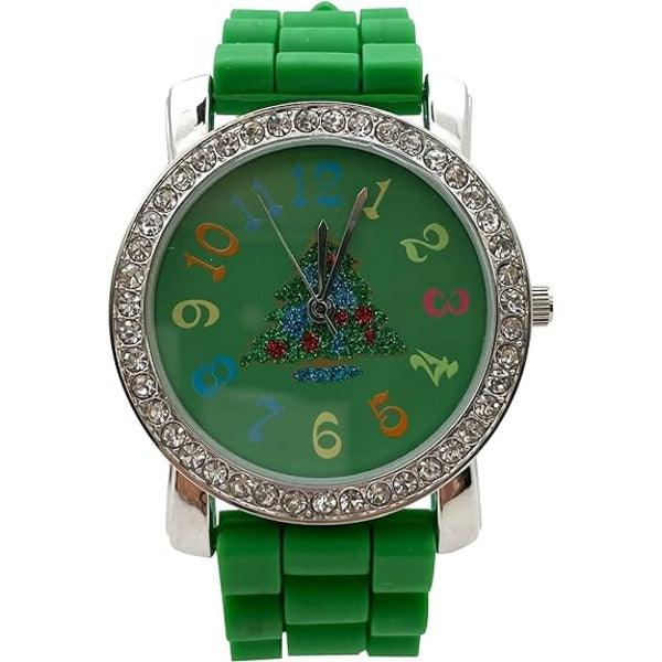 Excellent Watches Christmas Tree, Santa Claus, Snowman and Snowflake Big Face Watch with Glitter and Rhinestones, Holiday Gift