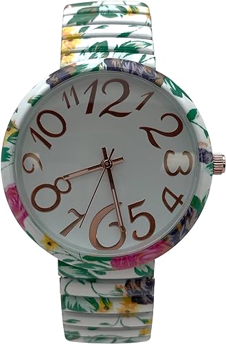 Ladies Floral Large Face Easy to Read Watch with Elastic Stretch Band, Floral Dial