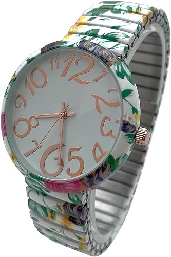 Ladies Floral Large Face Easy to Read Watch with Elastic Stretch Band, Floral Dial