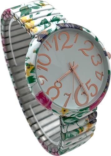 Ladies Floral Large Face Easy to Read Watch with Elastic Stretch Band, Floral Dial