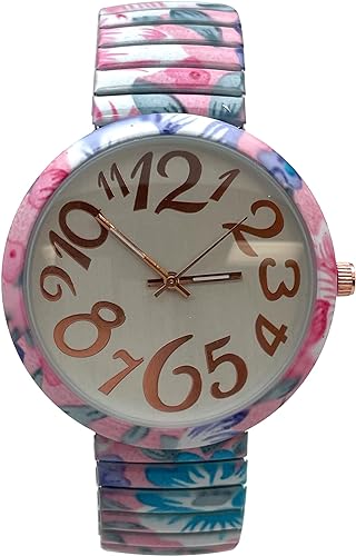 Ladies Floral Large Face Easy to Read Watch with Elastic Stretch Band, Floral Dial