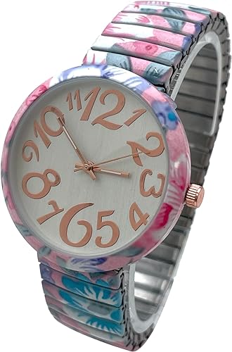 Ladies Floral Large Face Easy to Read Watch with Elastic Stretch Band, Floral Dial