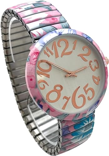 Ladies Floral Large Face Easy to Read Watch with Elastic Stretch Band, Floral Dial