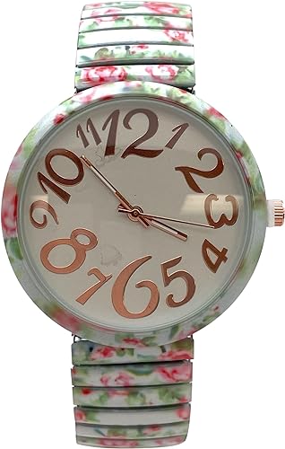 Ladies Floral Large Face Easy to Read Watch with Elastic Stretch Band, Floral Dial