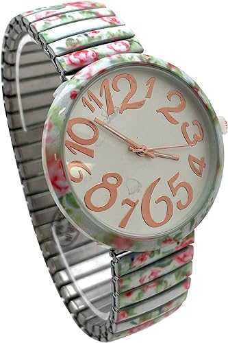 Ladies Floral Large Face Easy to Read Watch with Elastic Stretch Band, Floral Dial