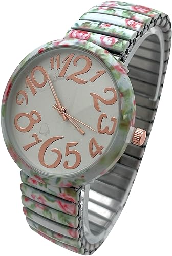 Ladies Floral Large Face Easy to Read Watch with Elastic Stretch Band, Floral Dial