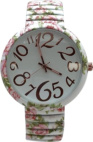 Ladies Floral Large Face Easy to Read Watch with Elastic Stretch Band, Floral Dial