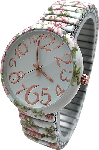 Ladies Floral Large Face Easy to Read Watch with Elastic Stretch Band, Floral Dial