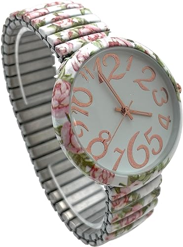 Ladies Floral Large Face Easy to Read Watch with Elastic Stretch Band, Floral Dial