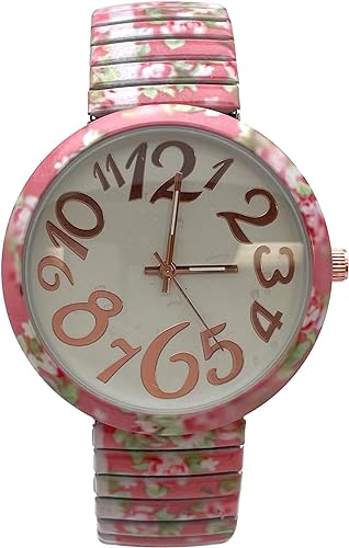 Ladies Floral Large Face Easy to Read Watch with Elastic Stretch Band, Floral Dial