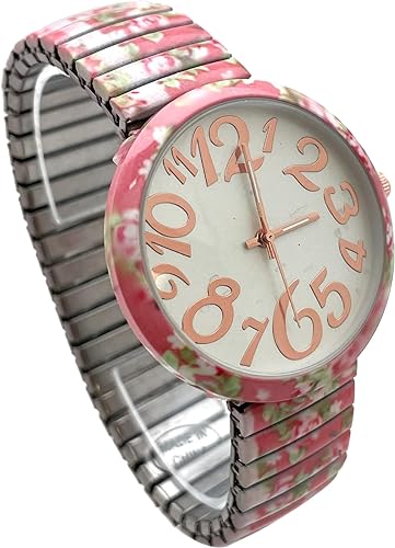 Ladies Floral Large Face Easy to Read Watch with Elastic Stretch Band, Floral Dial