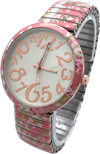 Ladies Floral Large Face Easy to Read Watch with Elastic Stretch Band, Floral Dial