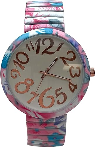 Ladies Floral Large Face Easy to Read Watch with Elastic Stretch Band, Floral Dial