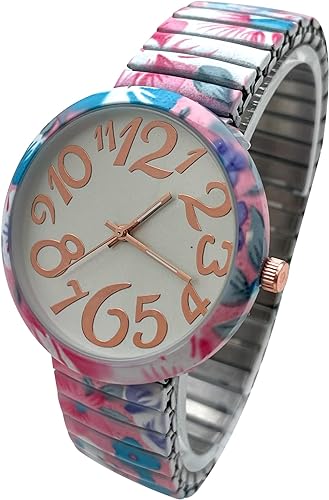 Ladies Floral Large Face Easy to Read Watch with Elastic Stretch Band, Floral Dial