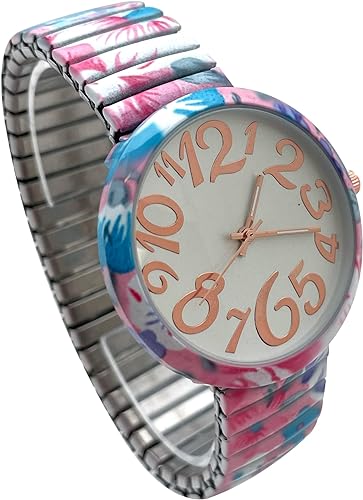 Ladies Floral Large Face Easy to Read Watch with Elastic Stretch Band, Floral Dial