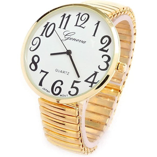 Excellentwatches New Womens Super Large White Face Case Size 43mm EXTRA LARGE Stretch Band Japanese Movement Fashion Watch