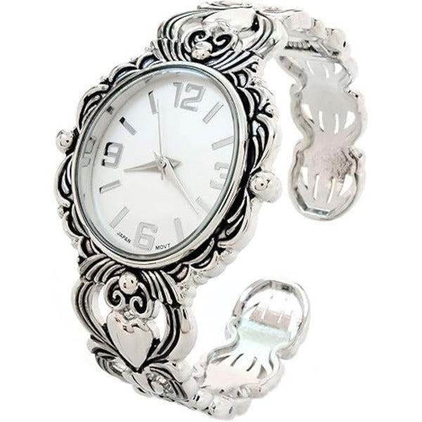 Women's Stylish Two Tone Concho Bangle with Intricate Detail Cuff Bracelet Watch