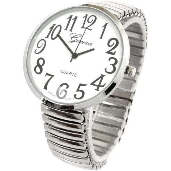 Excellentwatches New Womens Super Large White Face Case Size 43mm EXTRA LARGE Stretch Band Japanese Movement Fashion Watch