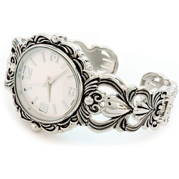 Women's Stylish Two Tone Concho Bangle with Intricate Detail Cuff Bracelet Watch