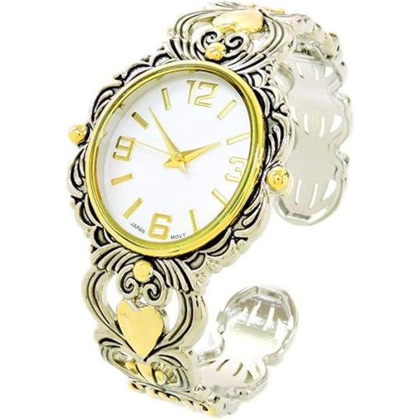 Women's Stylish Two Tone Concho Bangle with Intricate Detail Cuff Bracelet Watch