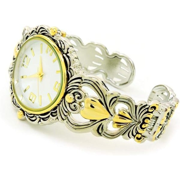 Women's Stylish Two Tone Concho Bangle with Intricate Detail Cuff Bracelet Watch