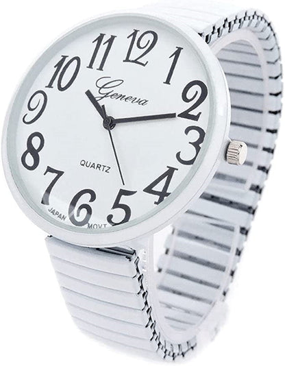 Excellentwatches New Womens Super Large White Face Case Size 43mm EXTRA LARGE Stretch Band Japanese Movement Fashion Watch