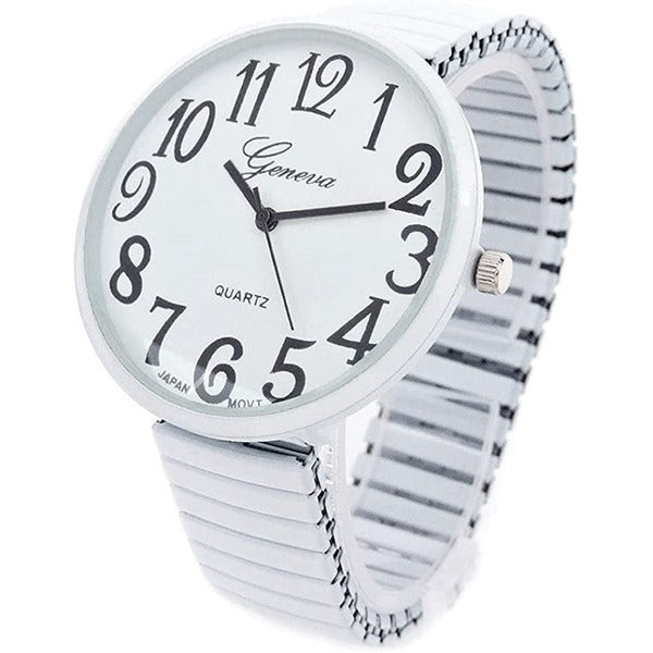 Excellentwatches New Womens Super Large White Face Case Size 43mm EXTRA LARGE Stretch Band Japanese Movement Fashion Watch